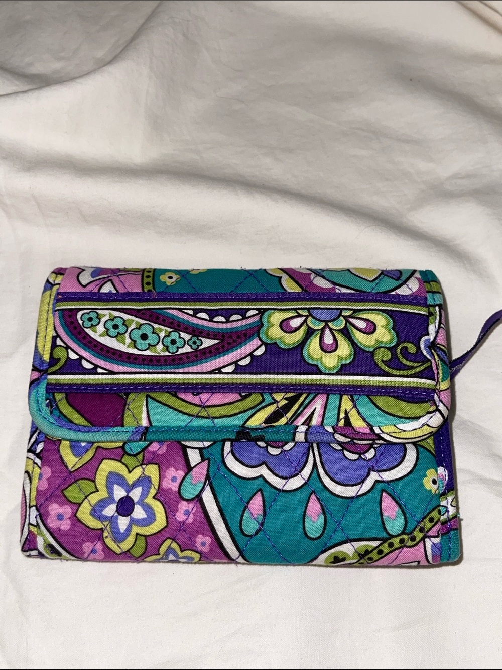 Retired Vera Bradley Heather Teal, Purple & Pink Quilted Floral Bifold Wallet